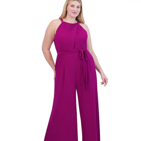 Vince Camuto Plus Size Halter-Neck Tie-Waist Jumpsuit Magenta - Picture 1 of 4